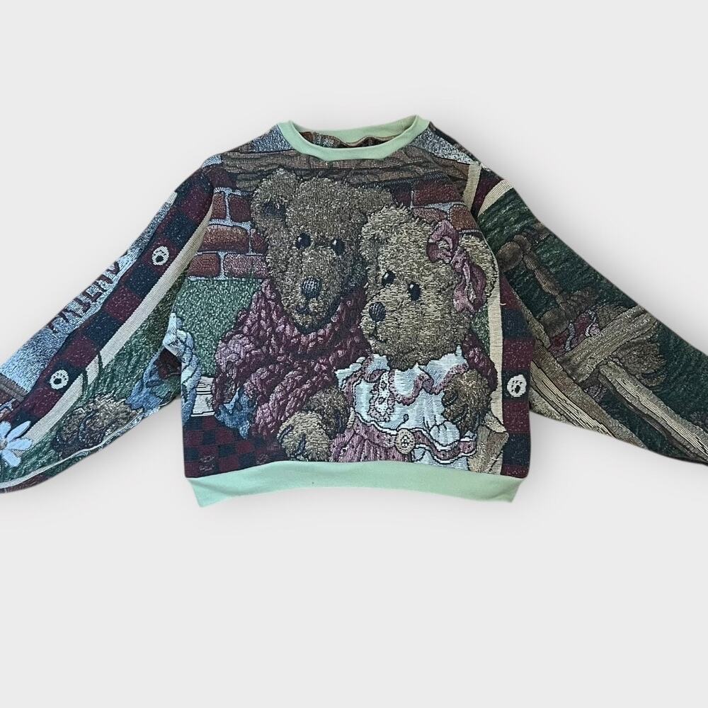 Teddy bear tapestry crewneck sweatshirt, upcycled from blanket Sz Med